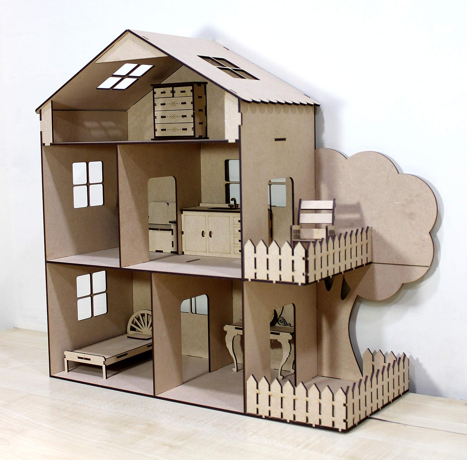 StonKraft Wooden 3D Puzzle Doll House - Home Decor, Construction Toy, Modeling Kit, School Project - Easy to Assemble (Doll House with Furniture)